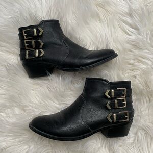 Aldo vegan leather black ankle boots with gold hardware